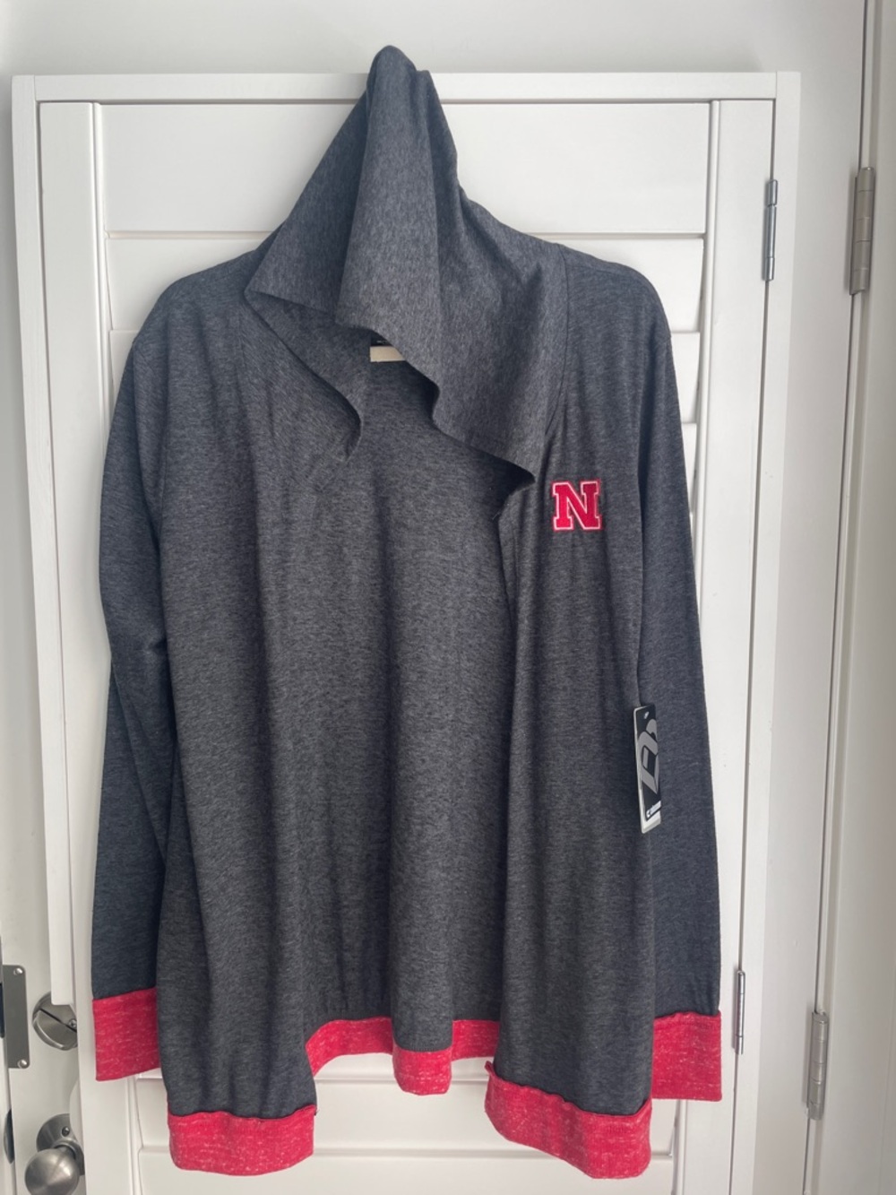 Colosseum Team Nebraska Womens Heather Charcoal/Red open front hoodie cardigan